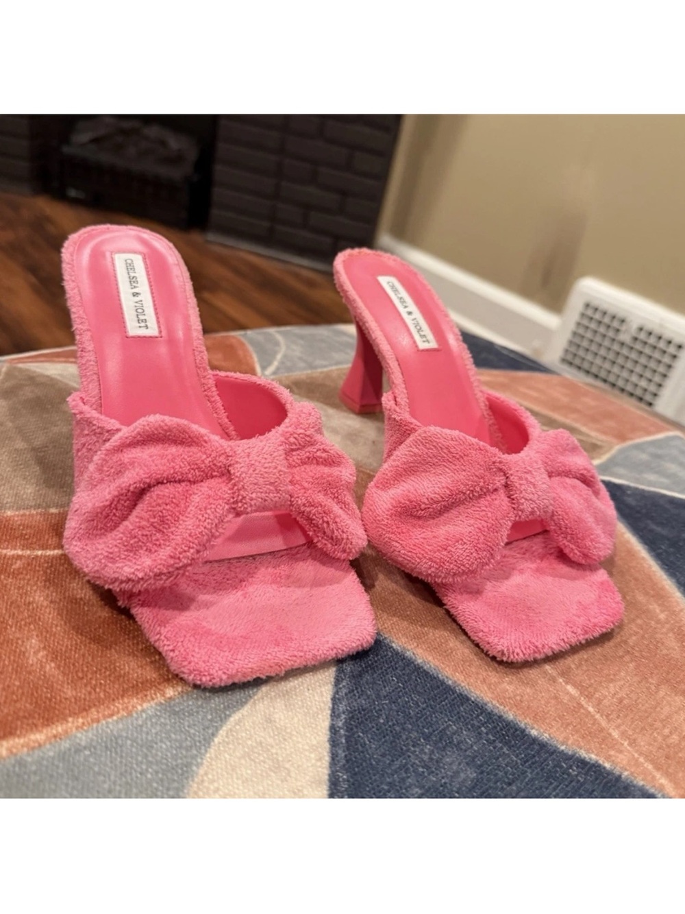 Chelsea and Violet Pink Terrycloth Bow Heeled Slides